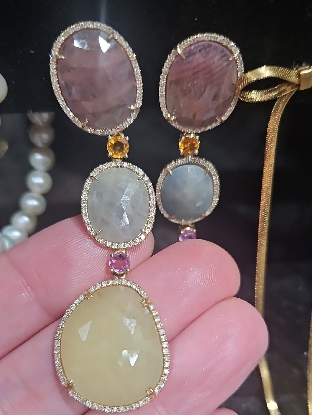 Multi-Gem Gold Drop Earrings - Pink, Gray, Yellow, Purple Accents